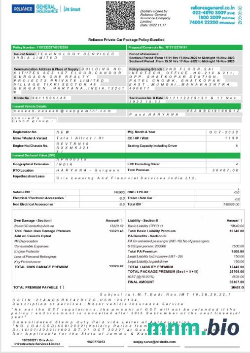 India Reliance General Insurance Company Limited license szablon wyciągu bankowego, format Word i PDF, 2 strony